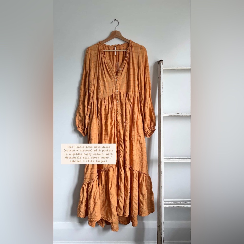 Free People Brown and Orange Wrap Sundress with Bishop Sleeves